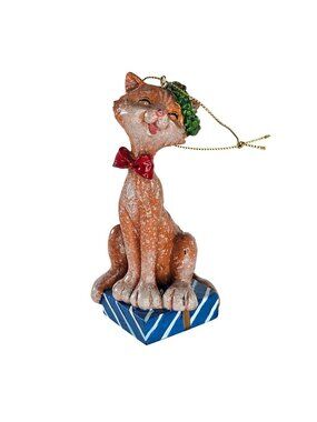 Vintage Cat Christmas Ornament With Wreath & Bow On Gift Box 2008